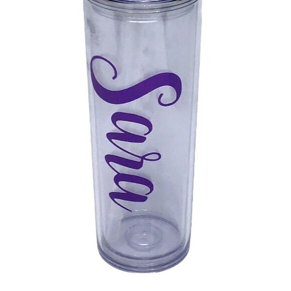 Tumbler Water Beverage Clear SARA Personalized Purple Straw Travel Teacher GIFT - Picture 2 of 5
